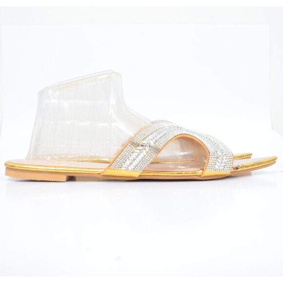 NEW Metallic Gold Rhinestones Sparkly Pointed Toe Flat Sandals Formal Flat US 10 - Picture 4 of 10